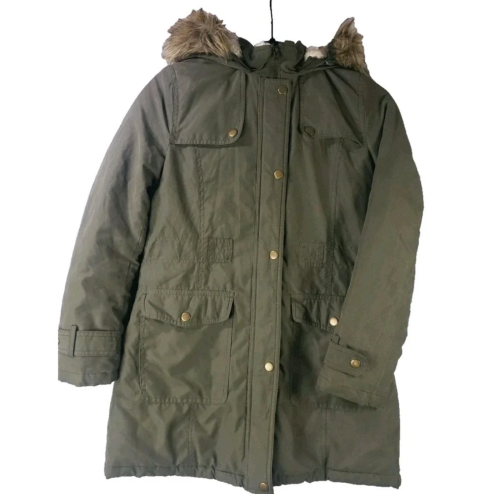 Rothschild Girls Size 14 Olive Green Hooded Parka Coat Faux Fur Trim Jacket